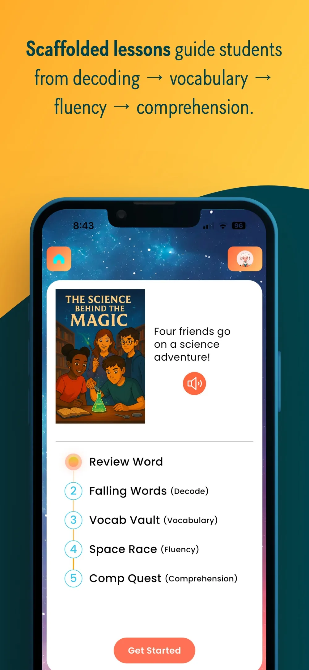 Lesson flow from Falling Words to Vocab Vault, Space Race and Comp Quest